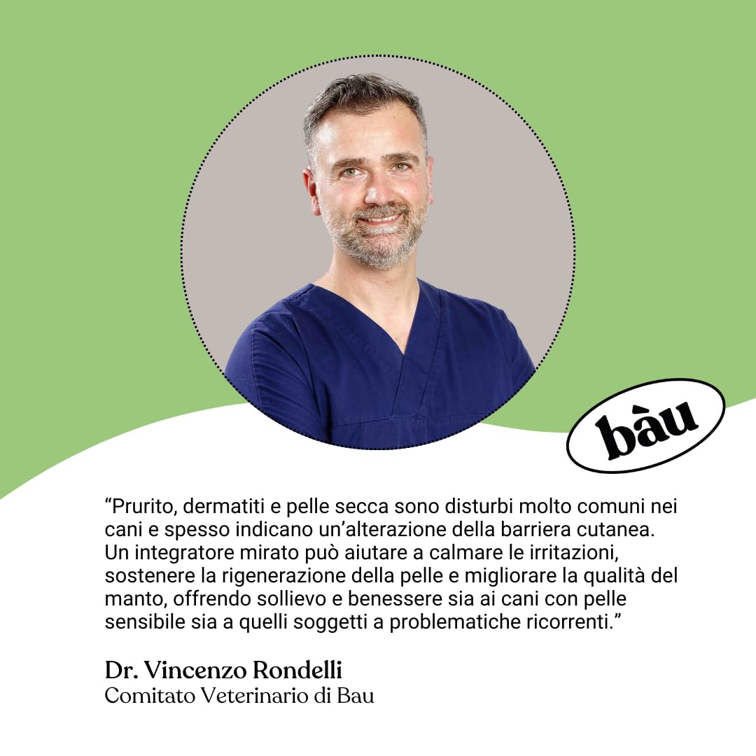 Bau Rimedio Dermatite Cane Anti-Prurito Allergie Stagionali, Alleviano il Prurito Cane, Ingredienti Naturali per la Salute della Pelle del Cane, Ideale per Cani con Pelle Arrossata -60cps
