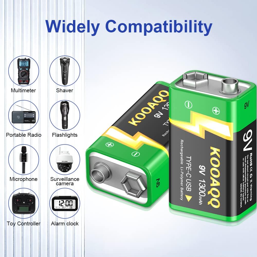 9V Lithium Battery, High Capacity 1300mAh,with 2 in 1 USB Charging Cable, (2023 New Version) Rechargeable 9 Volt Square Batteries for Smoke Detector/Alarms,Metal Detector,Multimeter(2 Count 9V)