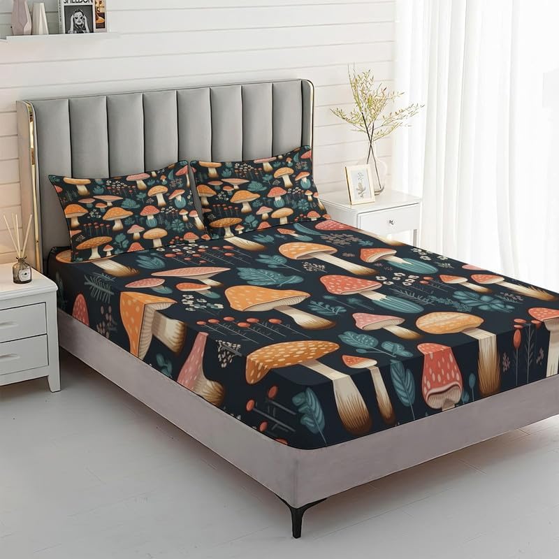 Miniatura 8 de Sábanas de hongos tamaño Queen  Sábanas de cama botánicas de hongos, microfibra suave y bolsillo profundo y sábanas y fundas de almohada estampadas