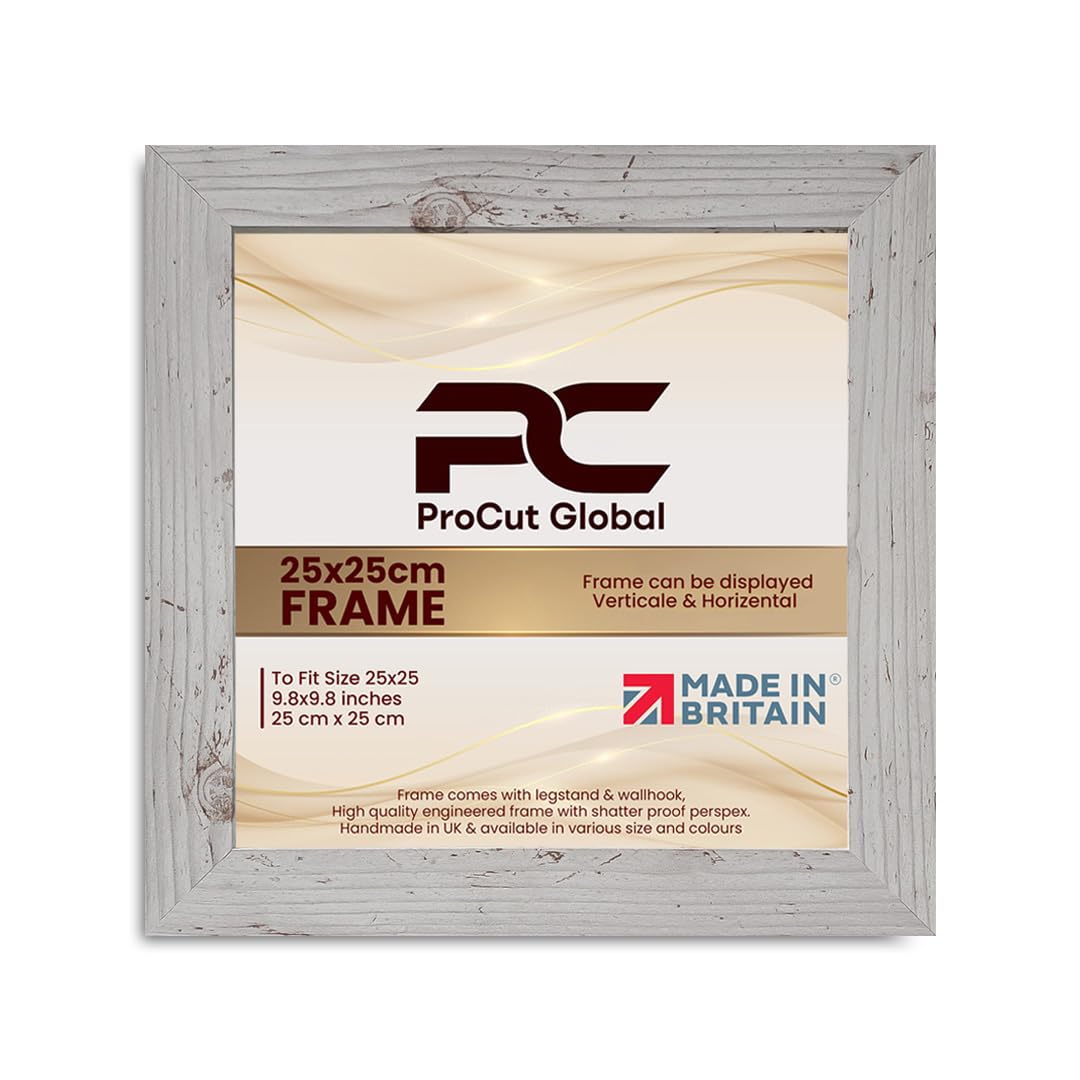 Procut Global 25X25CM White Rustic Picture Frames - Modern Wooden Photo Frame with Shatterproof Perspex for Wall or Tabletop - Perfect for Posters, Certificates, Prints - Sizes & Colors Available