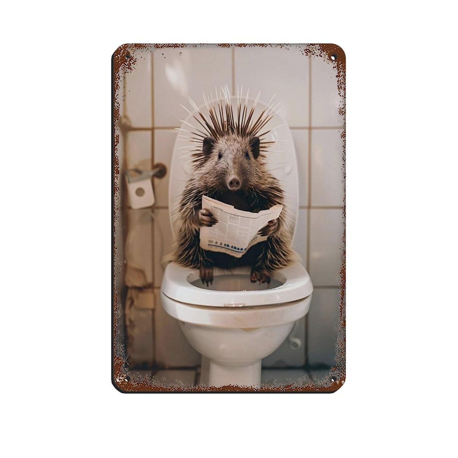Porcupine Sitting on The Toilet Reading A Newspaper (5) Retro Poster Metal Tin Sign Chic Art Retro Iron Painting Bar People Cave Cafe Family Garage Poster Wall Decoration 8x12inch(20x30cm)