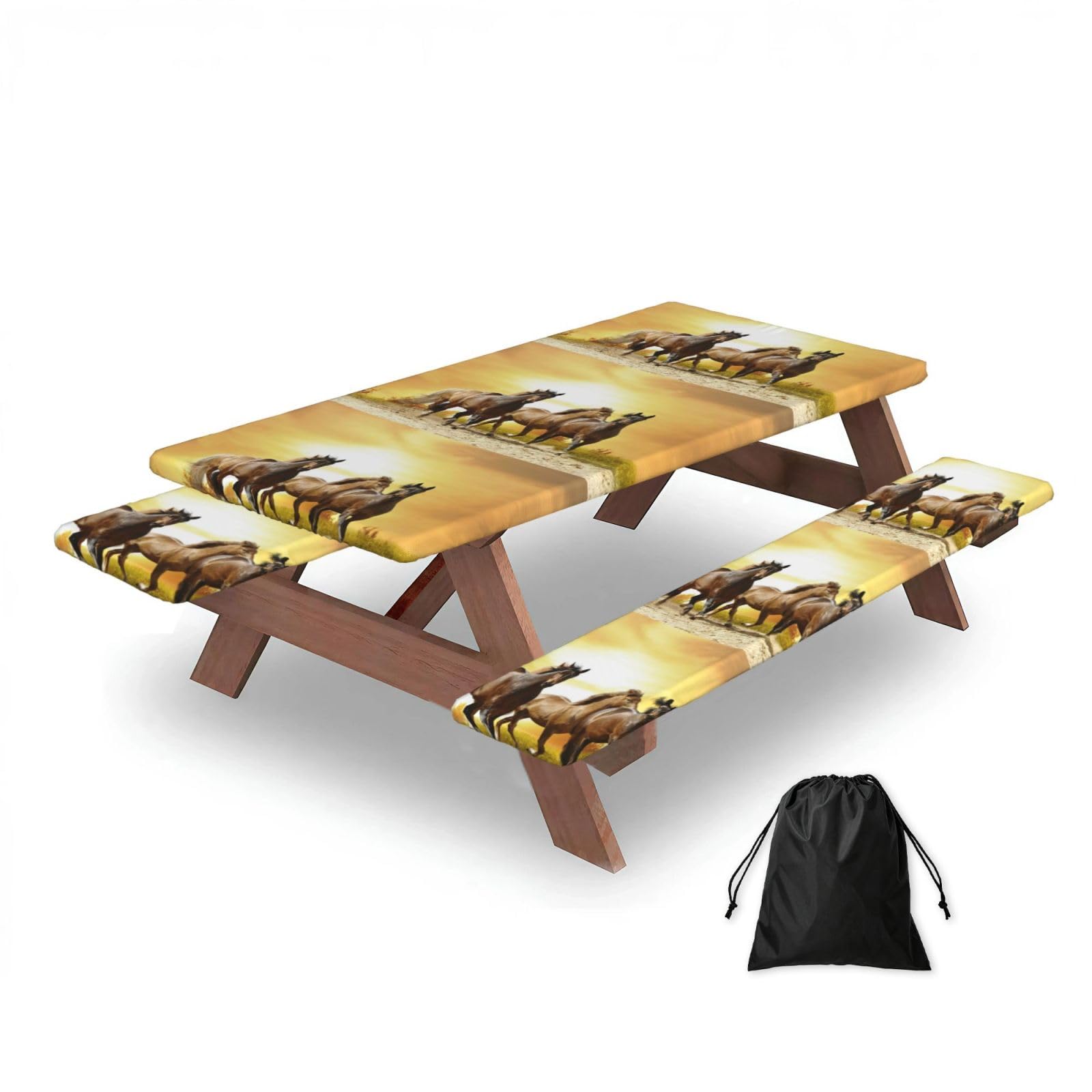 Group Horse In Sunset, Picnic Table Cover With Bench Covers -Waterproof Elastic Fitted Tablecloth for Garden Camping Patio 76x152cm