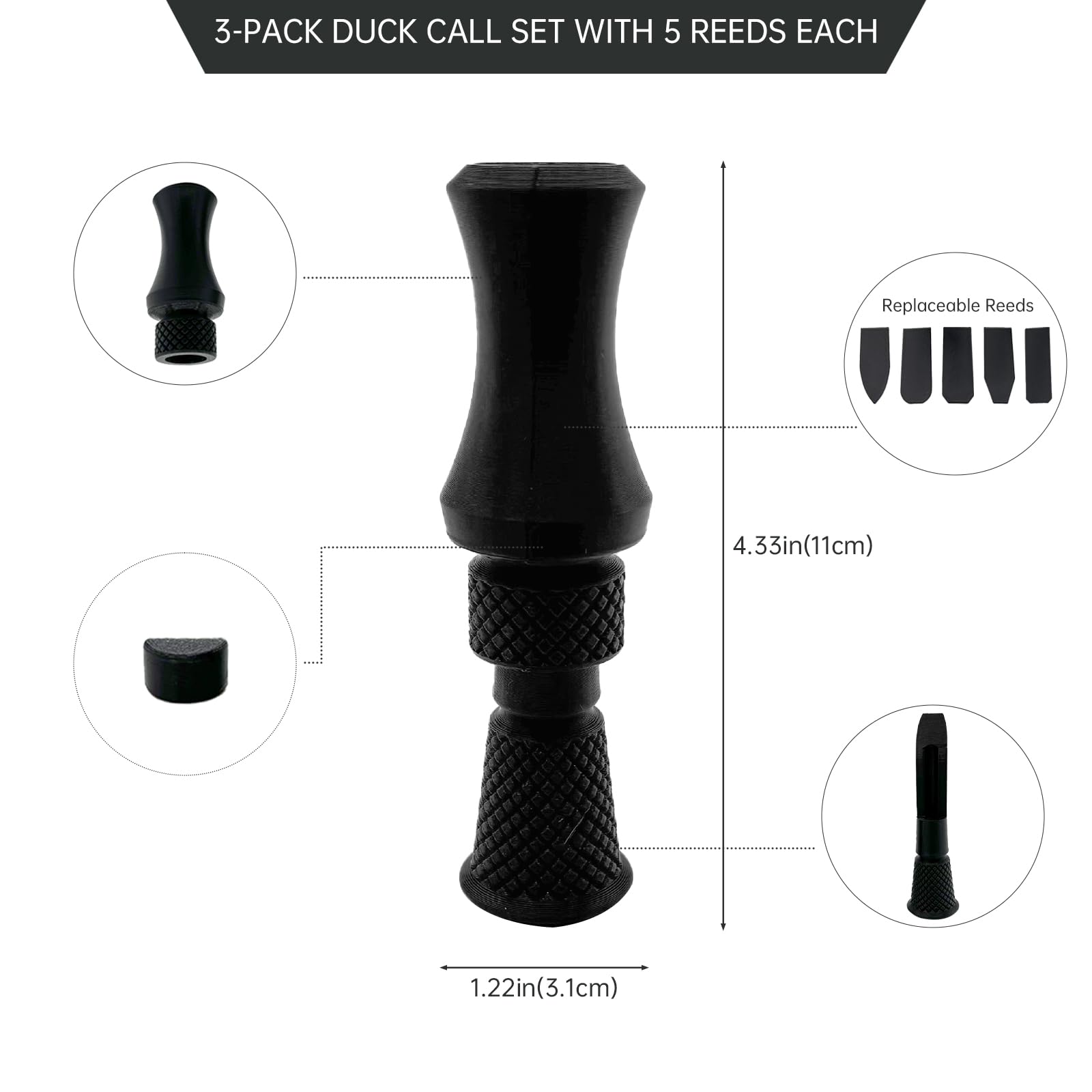 Juego de 3 llamadores de pato con 5 lengüetas cada uno, kit profesional de caza de aves acuáticas multivoz para cinco especies de patos, equipo de caza duradero al aire libre
