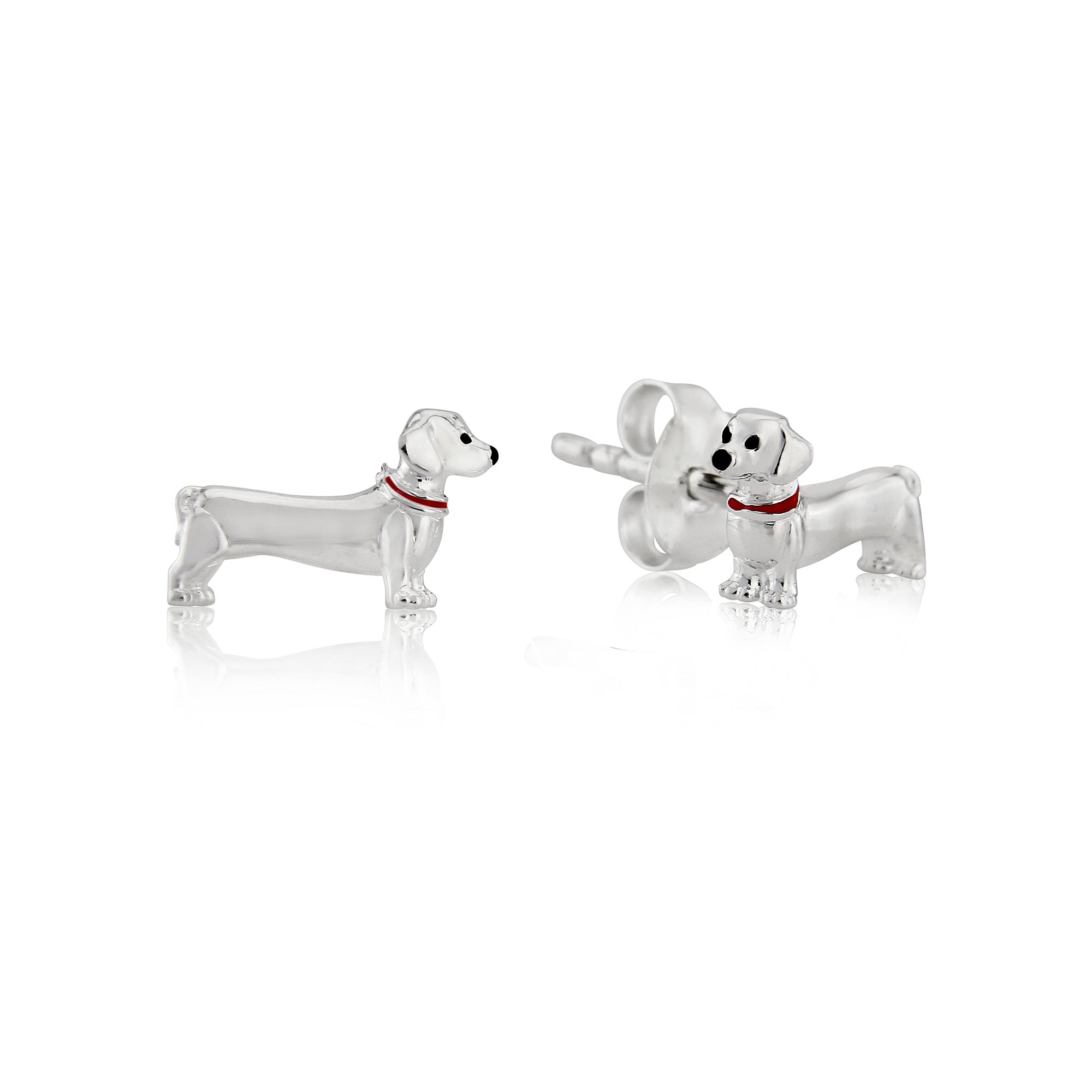 Gemma J Orecchini A Forma Di Bassotto In Argento Sterling Con Collare Smaltato Rosso - 15x17 Mm - Gioielli Per Amanti Dei Cani