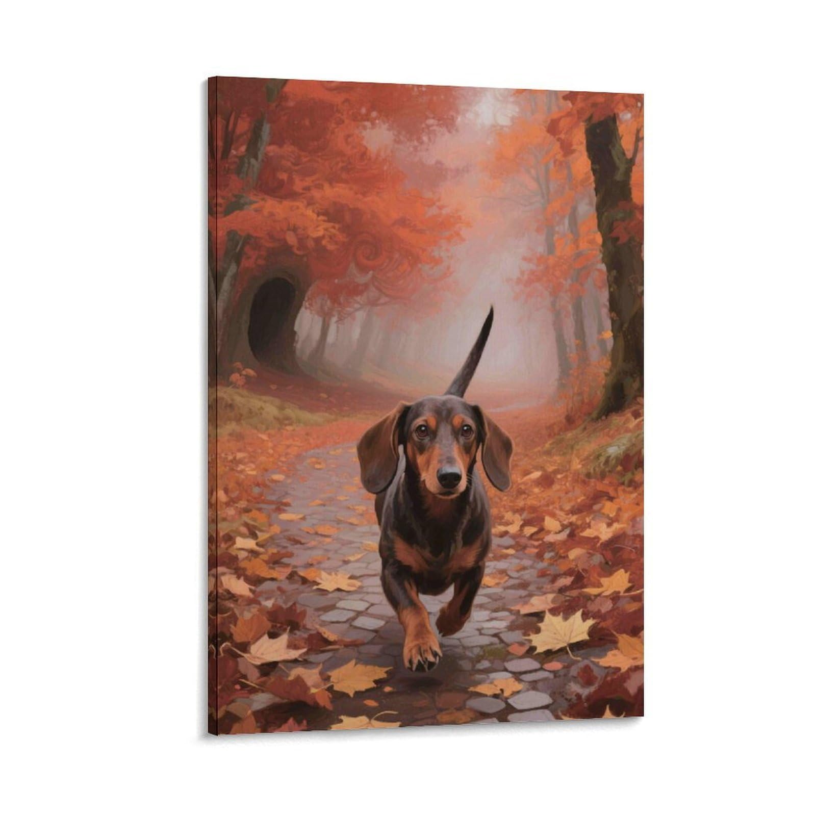DHBANEIOK Dachshund Running Autumn Wall Decor Poster Giclee Canvas Prints Modern Wall Art Picture Wall Hanging for Dining Room Kitchen Home Office Decor 20x30inch(50x75cm)