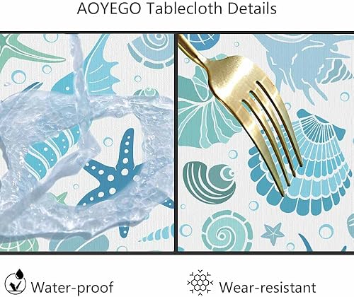 Miniatura 6 de AOYEGO Mantel redondo de verano con diseño de estrellas y conchas marinas, conchas y estrellas de mar y conchas azules, 60 pulgadas para comedor,