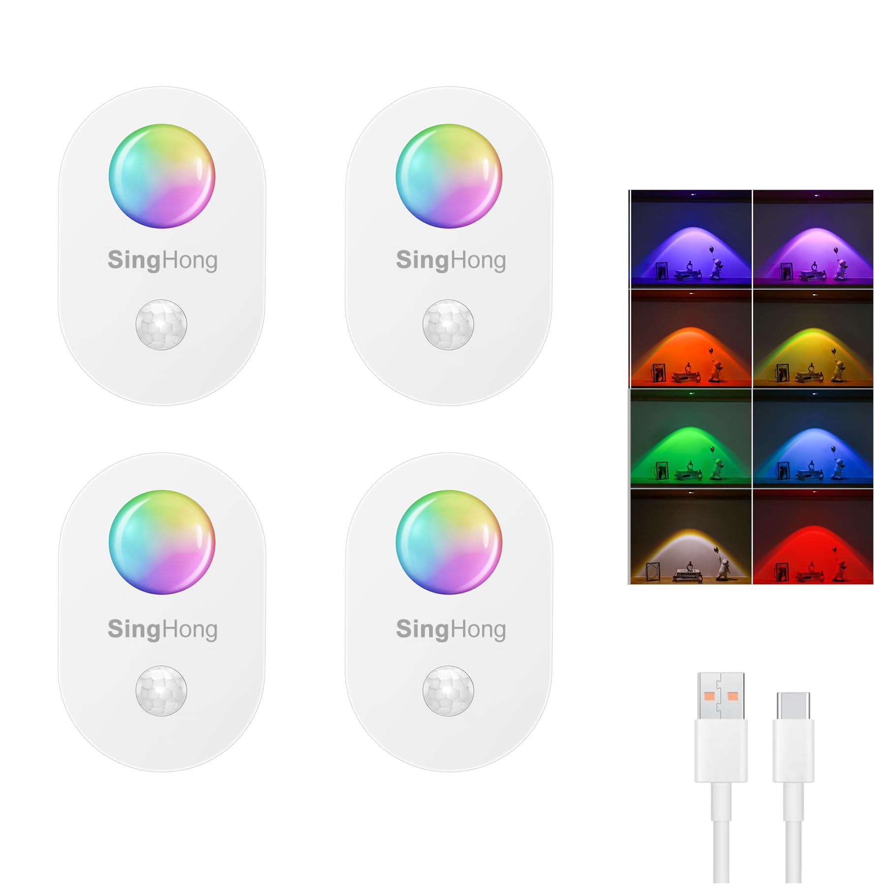 SingHong Motion Sensor Lights, Night Light, Cabinet Light, Hilly Effects, Li Battery, Rechargeable, 8 Colors Changeable, Magnetic, Under Counter Lights for Wardrobe, Cupboard,Hallway (4 Pack)