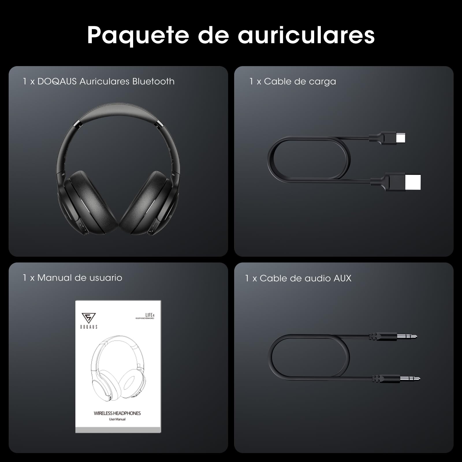 DOQAUS Auriculares Inalámbricos Bluetooth Diadema, Cascos Inalámbricos Bluetooth con 90 Horas de Batería, App con 9 Modos EQ, Bluetooth 5.4, Sonido HiFi, Plegables con Micrófono, Negro
