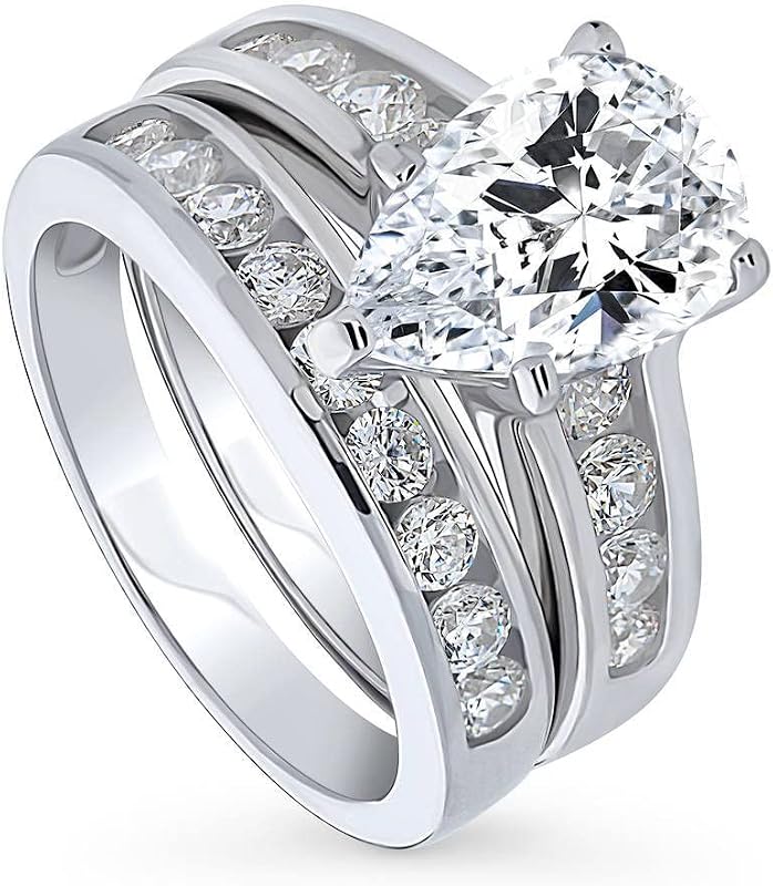 BERRICLE Sterling Silver CZ Solitaire Wedding Engagement Ring Set for Women, Stackable Cubic Zirconia Ring - Emerald, Marquise, Oval, Pear, Round Cut