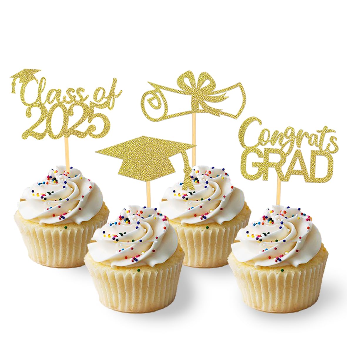 2023 Graduation Theme Cupcake Toppers Glitter Class of 2023 Graduation Cap Diploma Cupcake Picks - Set of 24 (Gold)