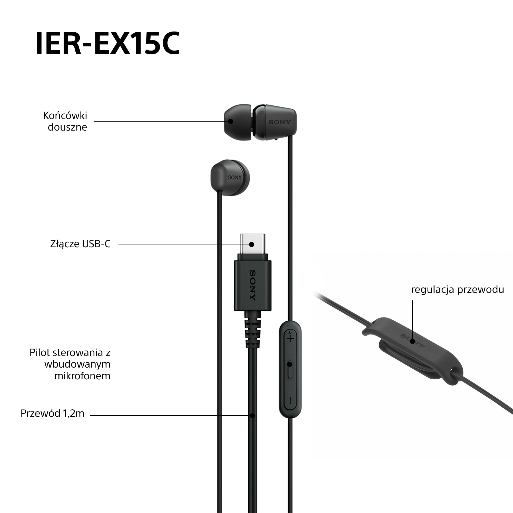 Przewodowe słuchawki douszne Sony IER-EX15C USB-C z mikrofonem - słuchawki douszne do Android, iPhone, laptopa i komputera - nieplączący się kabel, czysty dźwięk - do podróży i na co dzień - niebieski