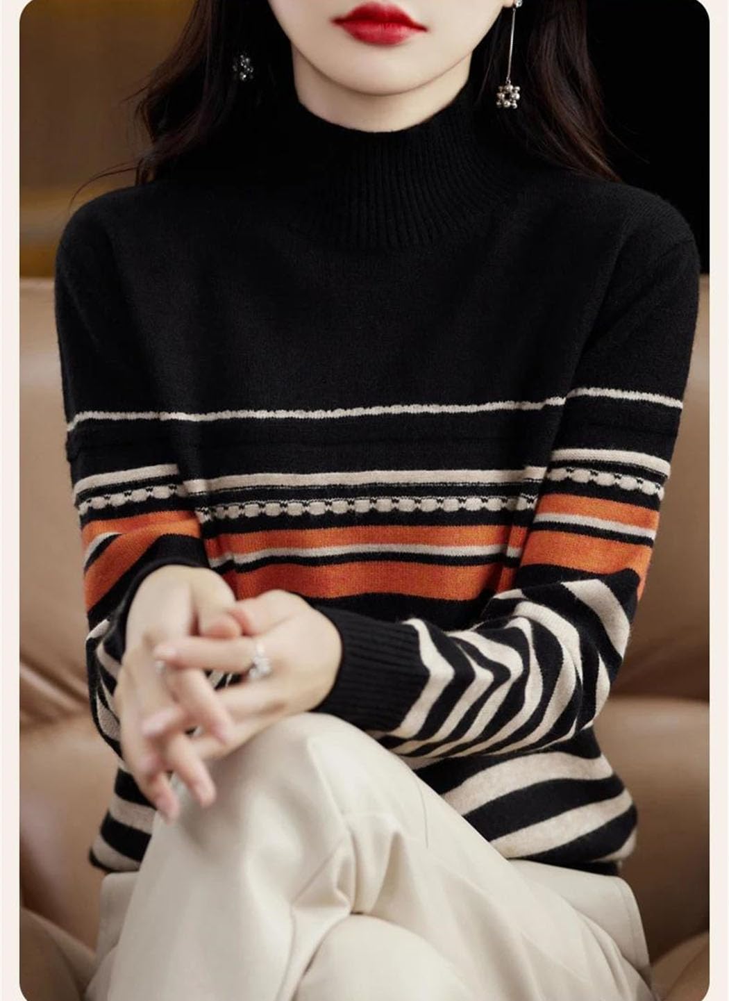 Sweter Damski Wełniany – Uniwersalny Sweter Z Półwysokim Kołnierzem I Kolorowymi Paskami-Beige-Medium