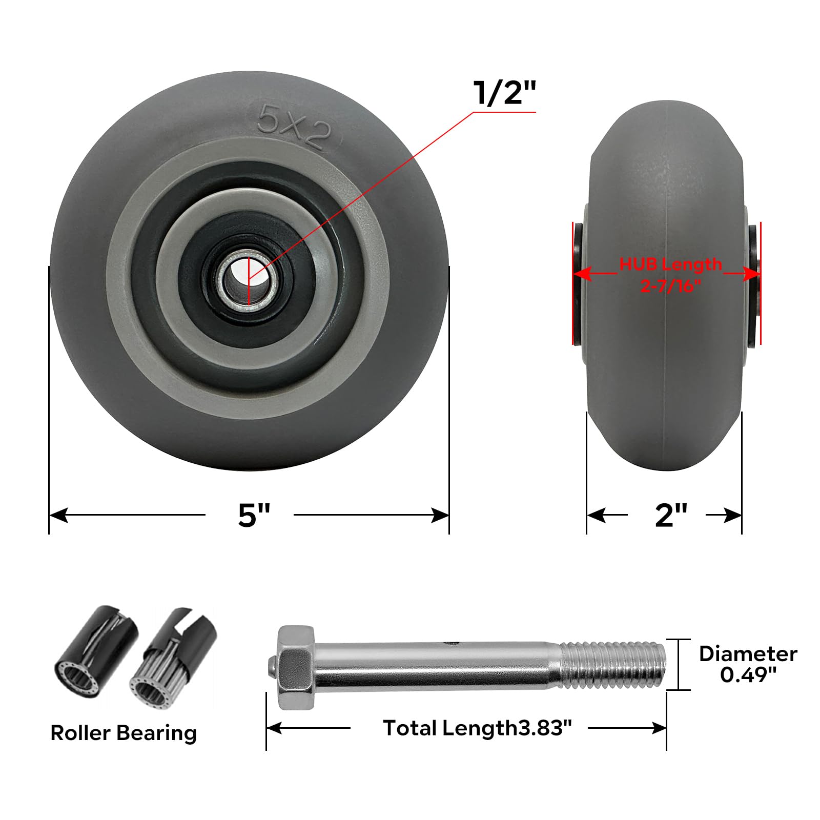 Ruedas industriales de 5 x 2 pulgadas, rueda de goma termoplástica (banda de rodadura coronada), rodamiento de rodillos de 1/2 pulgada de diámetro, juego de 4 con capacidad de hasta 1600