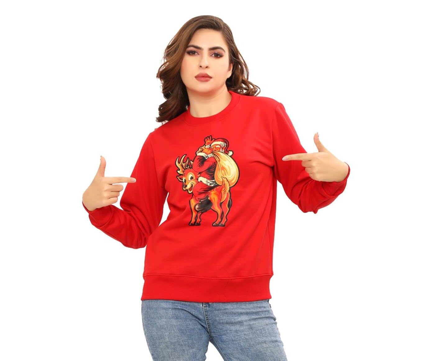 ninos dreams Full Sleeves Women Christmas Sweatshirt with Santa on Reindeer Printed/Red Women Sweatshirt for Christmas-picture-41