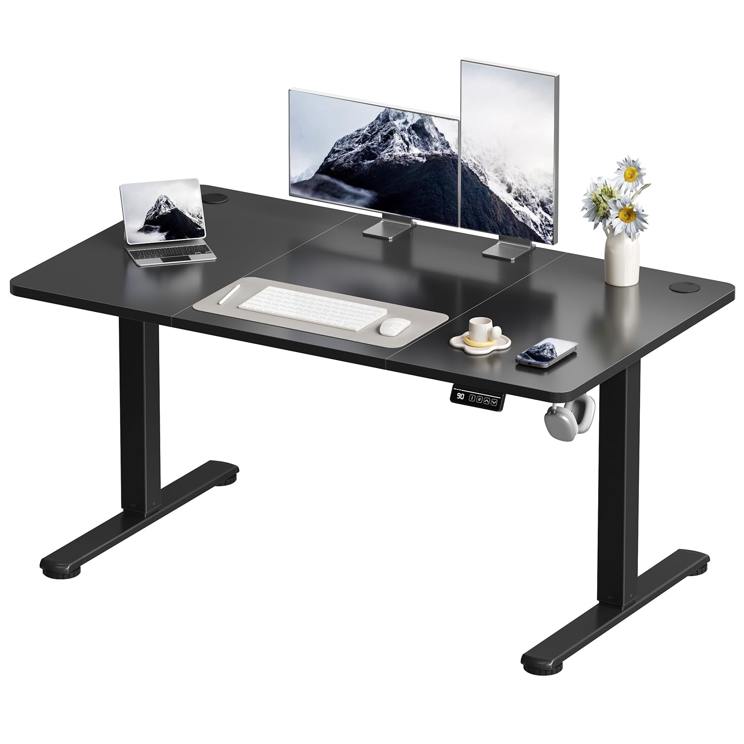 Devoko Electric Standing Desk 130x60cm Sit Stand Table Height Adjustable Desk with Backpack Hook and Memory Smart Panel, Home Office Desk with Splice Board, Black