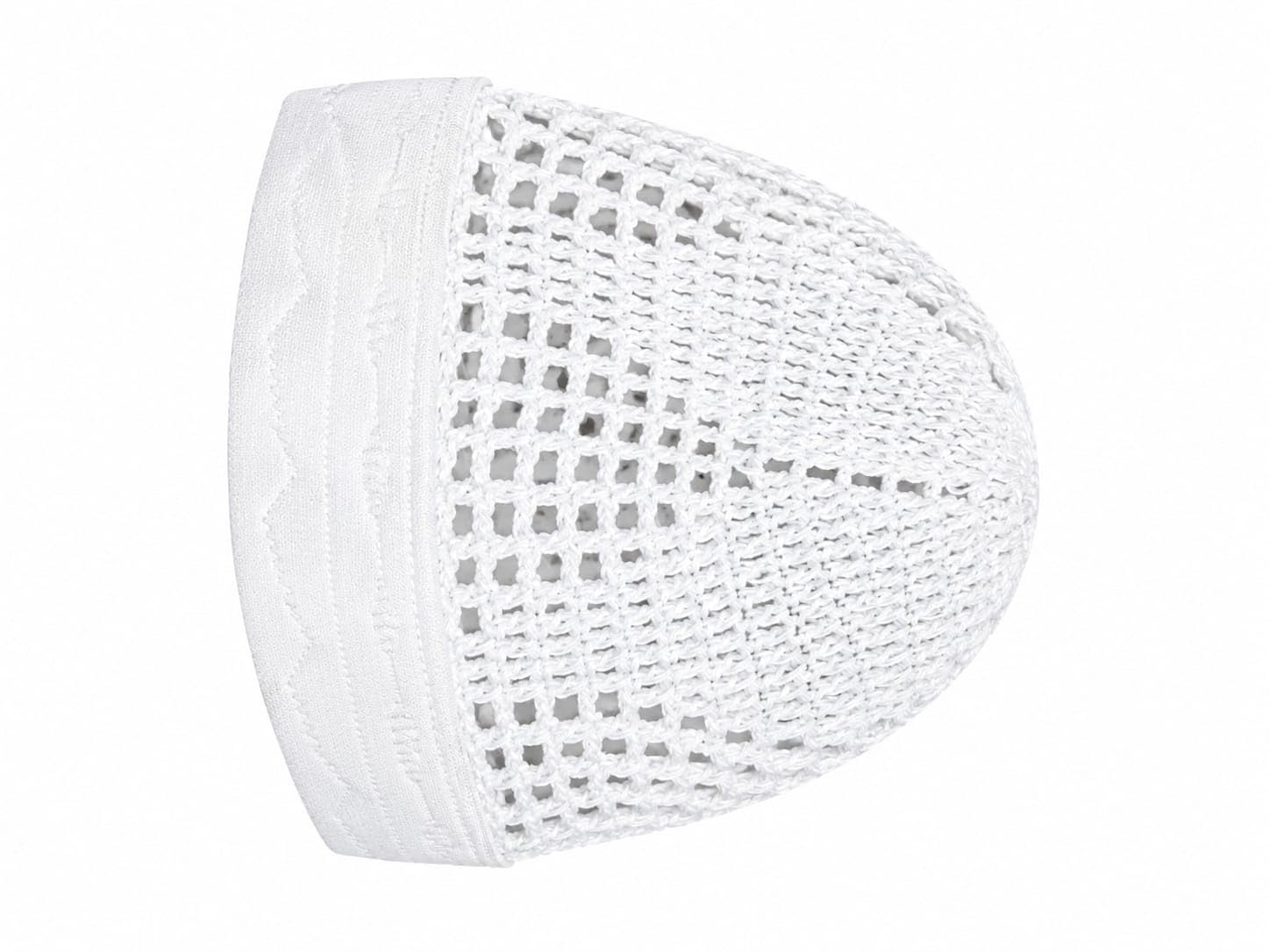 White Crochet Knit Muslim Kufi Prayer Cap, 6 inch | Open Weave Design, Breathable Fabric, Fabric Brim Band, Islamic Prayer Hat, Men's Skull Cap-picture-12