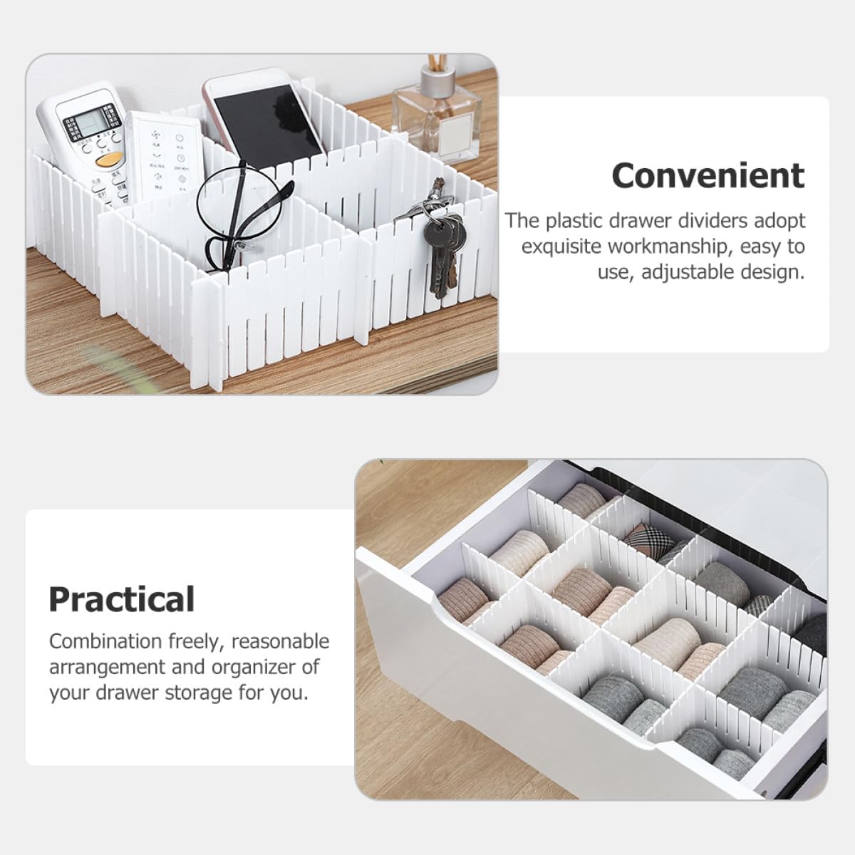 12 separadores ajustables de plástico blanco para cajones para oficina y cocina, sistema modular para almacenamiento de ropa interior, calcetines y objetos pequeños