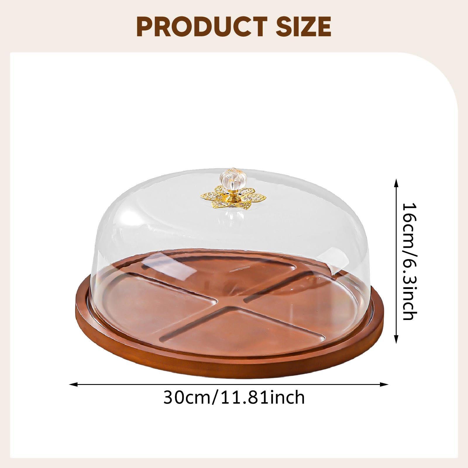 Présentoir à Gâteau avec Couverceau de Présentation à Pâtisserie Plat de Service à Dessert Cloche Transparente Bois TPE Adapté Table de, Rond 30x16cm
