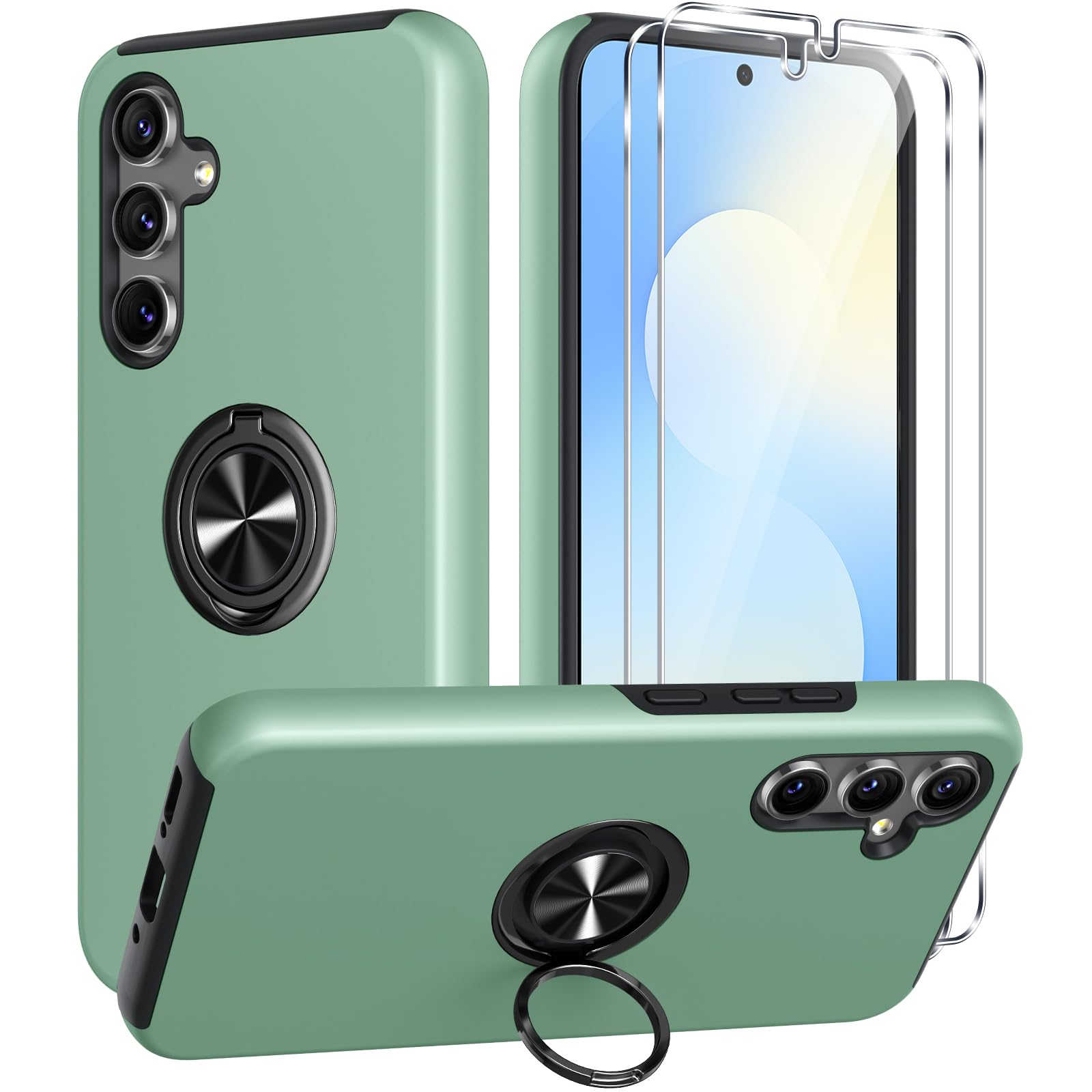 Pnakqil für Samsung Galaxy S25 5G Hülle mit 2 Stück Panzerglas,Militärischer Stoßschutz Handyhülle für Samsung S25 5G mit 360° Drehbarer Ring Ständer,PC Härte Rückseite Kratzfest Case,Hellgrün