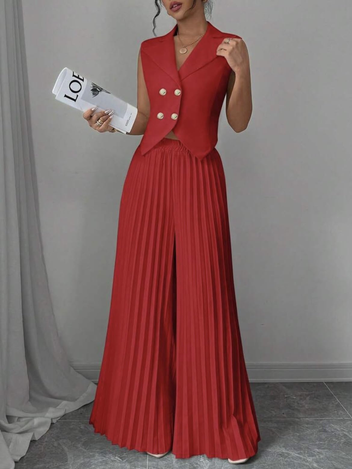 Ensemble Femme Ensemble Deux Pièces Pour Femme Blazer Court Sans Manches Et Jupe-Pantalon Plissée Élégant Tailleur Croisé Assorti Idéal Pour Le Bureau Un Mariage Ou Une Soirée