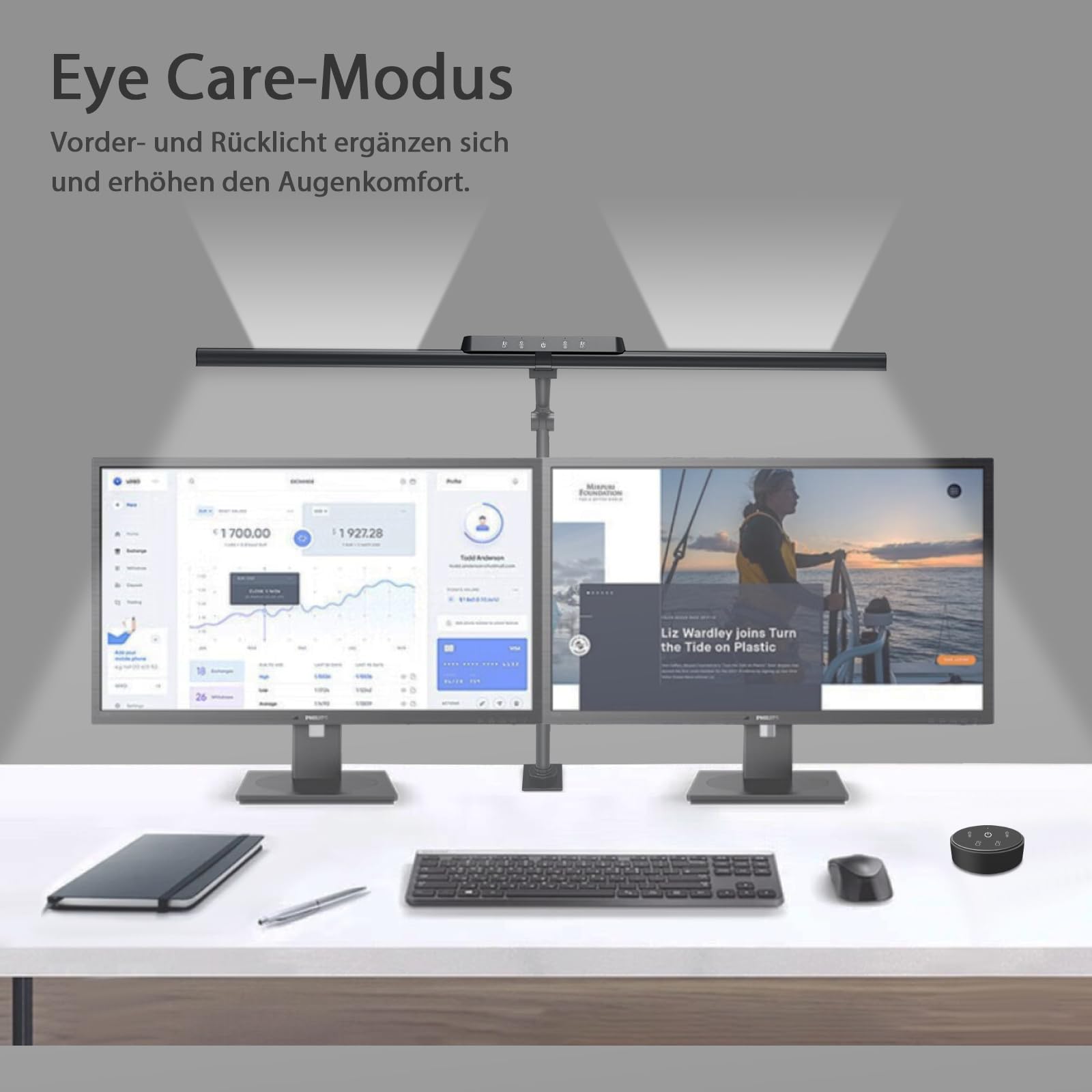 OOWOLF Schreibtischlampe LED, 81,5 cm, 24W dimmbar, 2750-5400K, mit Gestensteuerung & Fernbedienung, Doppelkopf, höhenverstellbar, klemmbar, für Büro, Homeoffice und Detailarbeiten