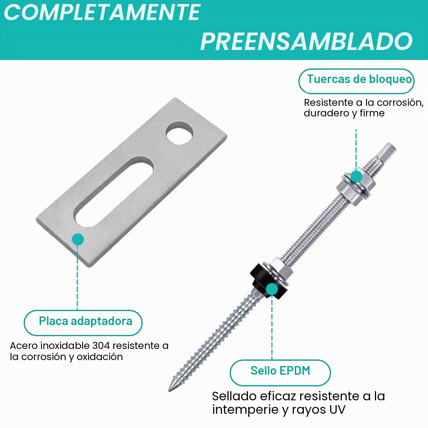 16 Piezas Tornillos de Acero Inoxidable, M10 x 200 mm, Tornillos de Soporte Placas Solares, Altura Regulable, con 16 Piezas Placa Adaptadora, para Fijación Solar Fotovoltaica