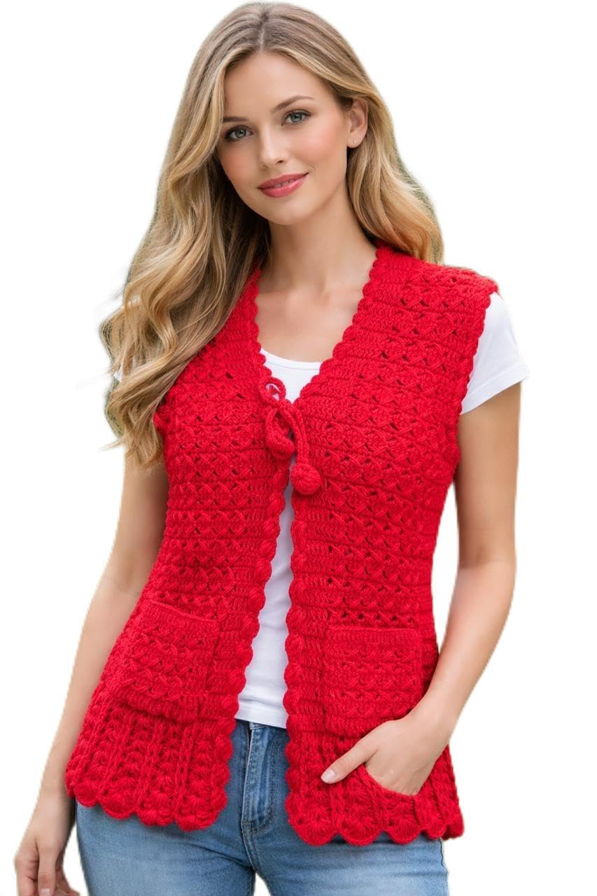 duvanshi Hand Knitting Crochet Woolen Cardigan Jacket for Women, Black, Sleeveless Sweater Vest, Textured Knit Pattern, Crew Neck, Regular Fit, Free Size-picture-32