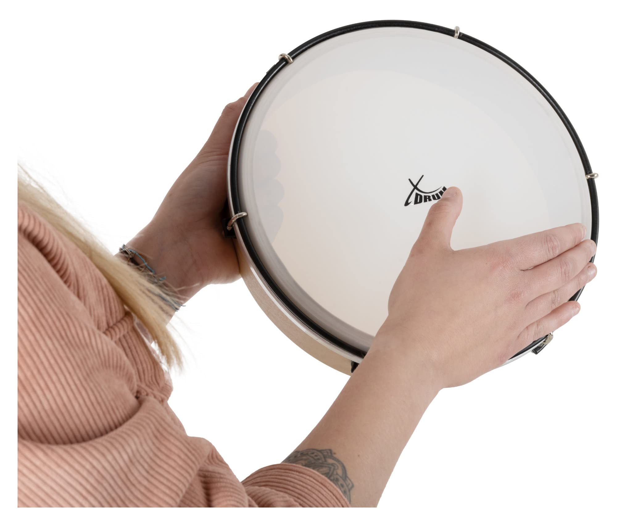 XDrum HTM-12K Tambor De Mano Con Baquetas Set De 3, Diámetro: 12" (30 | 5 cm), Piel resistente de poliéster, Marco de madera de arce, 6 tensores para afinar el tambor, Mango ergonómico, 8 cm