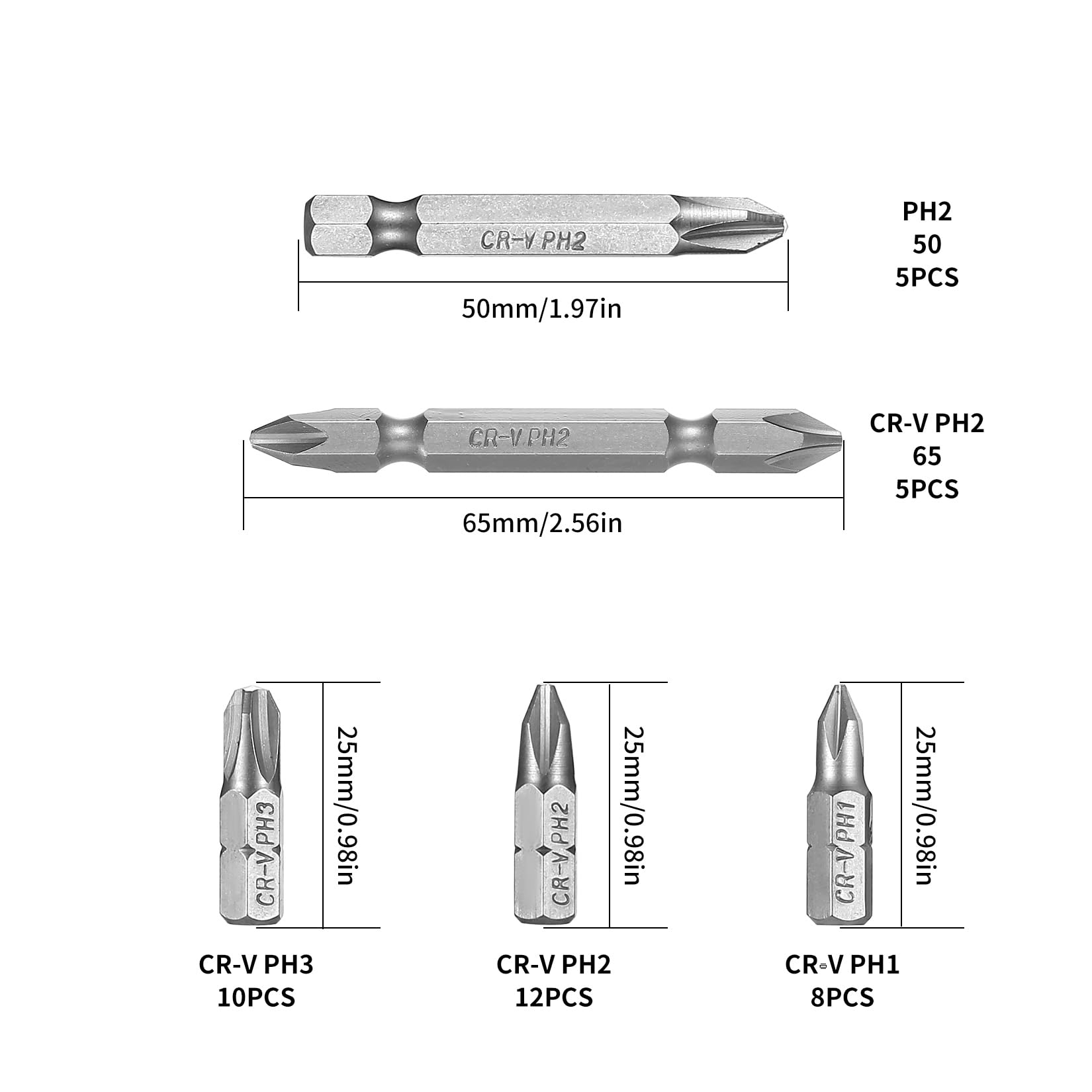 PH Bit Set, 40 Pcs PH1 PH2 PH3 Bits, Phillips Screwdriver Bit Set, Security Bit Set, Impact Driver Bits, Precision Security Bits, CR-V 1/4" Hex Drive Hex Shank Screwdriver Bits PH Bits Set - Image 2