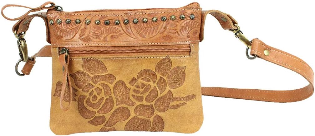 American West Hand Tooled Handcrafted 100% Genuine Leather Crossbody/Hip Bag with Detachable Strap for Women/Girls/Teens Texas Rose Collection Western (Natural Tan) | Hand Tooled Roses