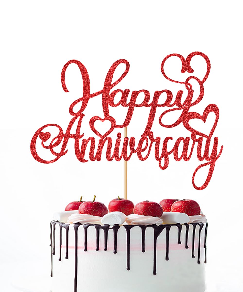 Naicaek 1 PCS Happy Anniversary Cake Topper，Glitter Wedding Anniversary Cake Decorations，Company Anniversary Party Decoration Supplies (Red)