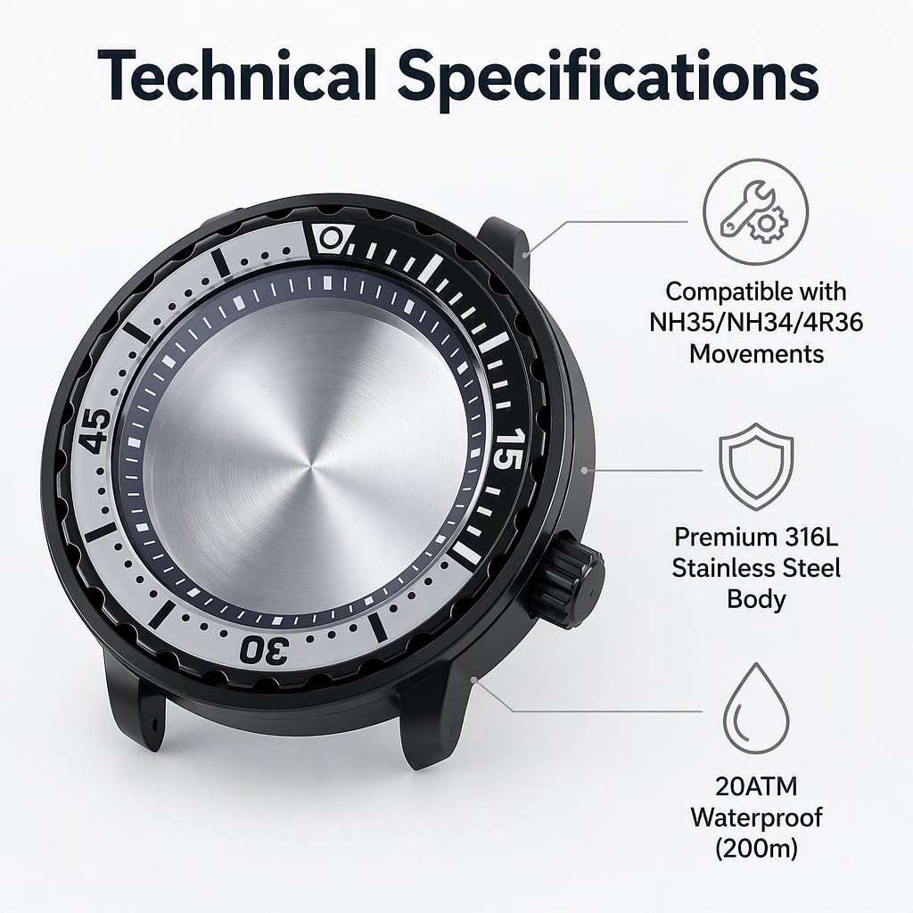 Cassa per Orologio Nera da 47 mm con Vetro Zaffiro Impermeabile, Corona a Ore 3.8 per Modelli NH35/NH34/NH36/NH38 (BlackChapterRing)