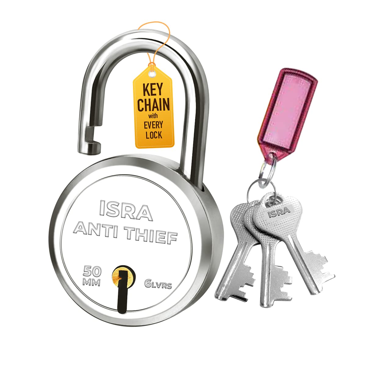 MITANSH- ISRA Lock and key | Iron Padlock | 50 mm | 3 Keys | Key chain Silver