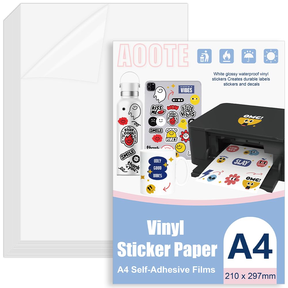 AOOTE Clear Sticker Printer Paper, 26 Sheets Printable Vinyl Stickers Paper, 297x210mm A4 Transparent Glossy Vinyl Sticker Paper for Laser, Use for Office, Clear