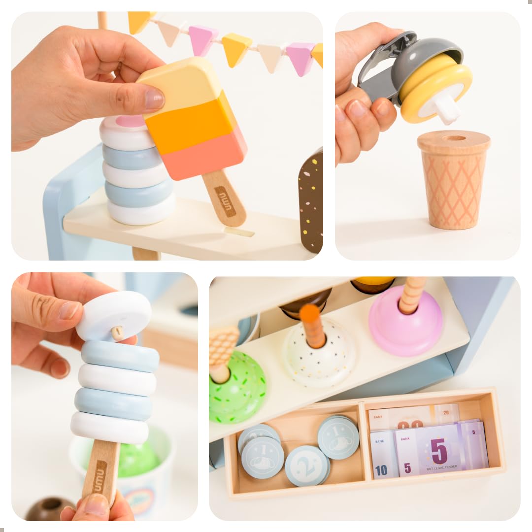 UMU® Kinder Eisdiele aus Holz - Eisladen inkl. Küchenzubehör, Spielgeld, Menükarte usw., Kinderküche Kaufläden & Zubehör zum Rollenspiel, 37-TLG. Holzspielzeug für Kinder ab 3 4 5 6 Jahren