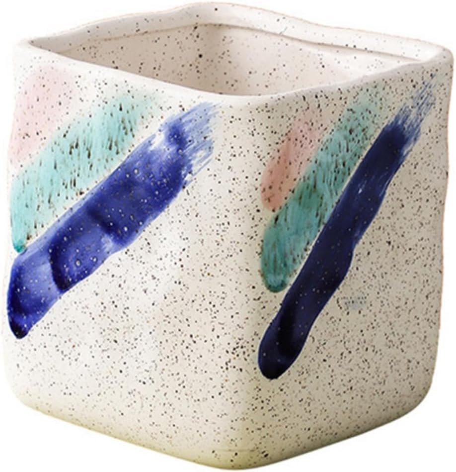 Ceramic Plant Pot Small Indoor Flower Planter for Balcony Tabletop Gardening, Square Medium-Sized Hand-Painted Decorative Pot for Home and Office Use