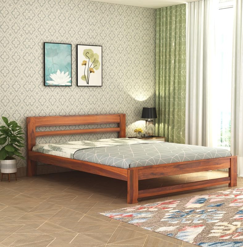 RJ ART Wooden Queen Size Bed Without Storage | Wooden Double Bed Cot Bed for Bedroom Furniture | Palang Double Bed for Hotels | Solid Sheesham Wood | Honey Finish