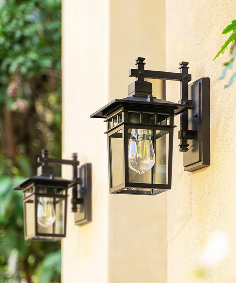 Wejścia Lampa Zewnętrzna Kwadratowa Czarna Zewnętrzna Lampa Ścienna Wodoodporna Szklana Latarnia Vintage Kinkiet Ścienny Aluminiowa Do Ogrodu Oświetlenie Ogrodu(4 Pack)