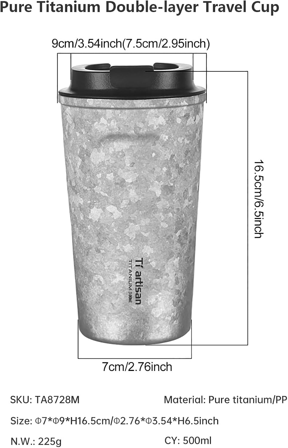 Titanium Water Bottle Coffee Cups Titanium Insulated Water Bottle Wide Mouth Titanium Cup Easy To Clean Leakproof & Packable for Travel & Sports 16.91fl oz (500ml) - Image 2