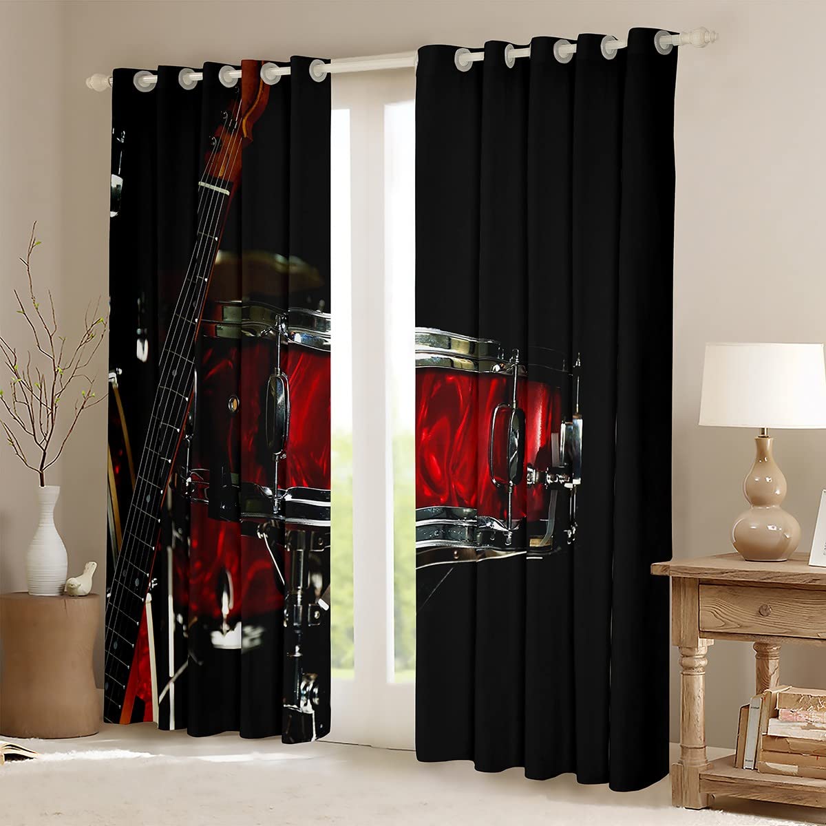 Rock Music Dreapes Cool Drum Kit tende per camera da letto, soggiorno, bambini, ragazzi, ragazze, adolescenti, strumento musicale tende oscuranti (30% -50%) Hip Hop rosso e nero per finestre W66 x L72