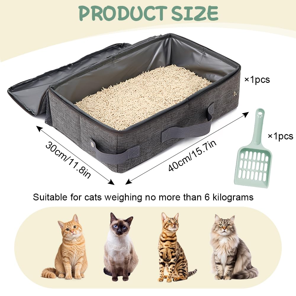 Lettiera da Viaggio per Gatti 40 X 30 X 15 CM,Lettiera Portatile Gatto con Pala, Zip e Coperchio,Toilette per Gatti Pieghevole,Cat Litter Box per Campeggio, Casa, Gite - Grigio chiaro
