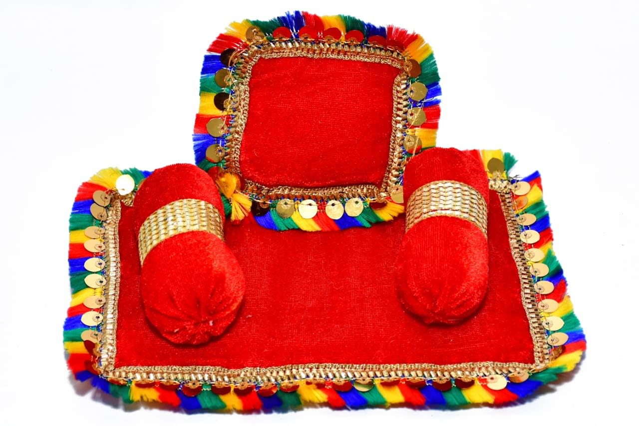 SAMRUDDHI Home Decor Laddu Bal Gopal Thakurji Bedding Set (Handcraft Aasan, Head & Side Pillow Set) Multi Color Pack of 2 (Design 9) 2