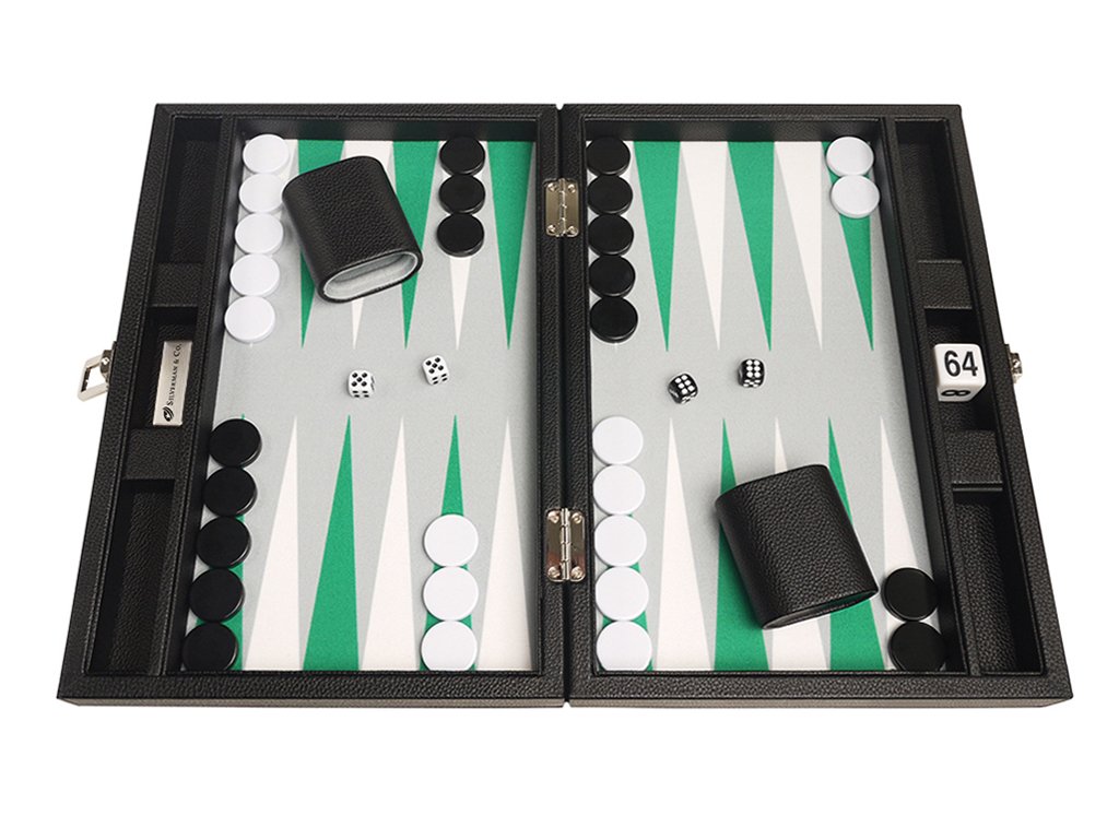 Silverman & Co. Set Backgammon Premium da 33 cm, dimensioni da viaggio, lavagna nera, punti bianchi e verdi