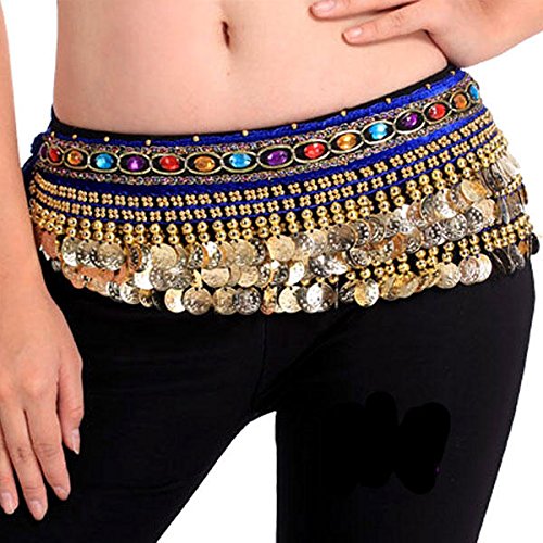 Image of VRITRAZ Women's Chiffon Belly Dance Hip Scarf Waistband Belt Skirt Mixed Colors Beads and Golded Coins 56 Black