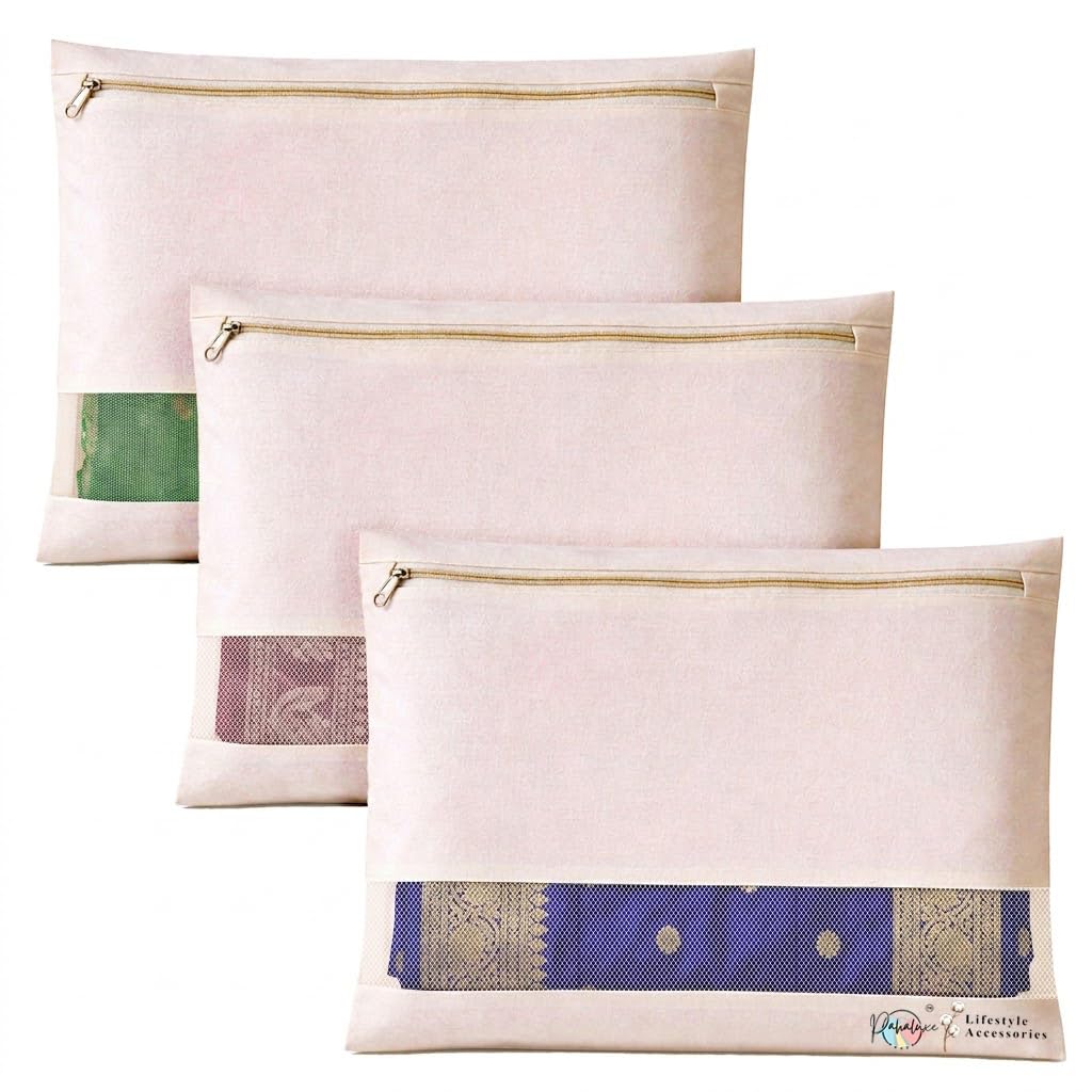 Cotton Saree Cover Bags Set of 3 (16 x 14 Inches) with Zip & Transparent Window | Wardrobe Organiser for Saree Sari Kurti Lehenga | Washable Dustproof Clothes Storage Bags