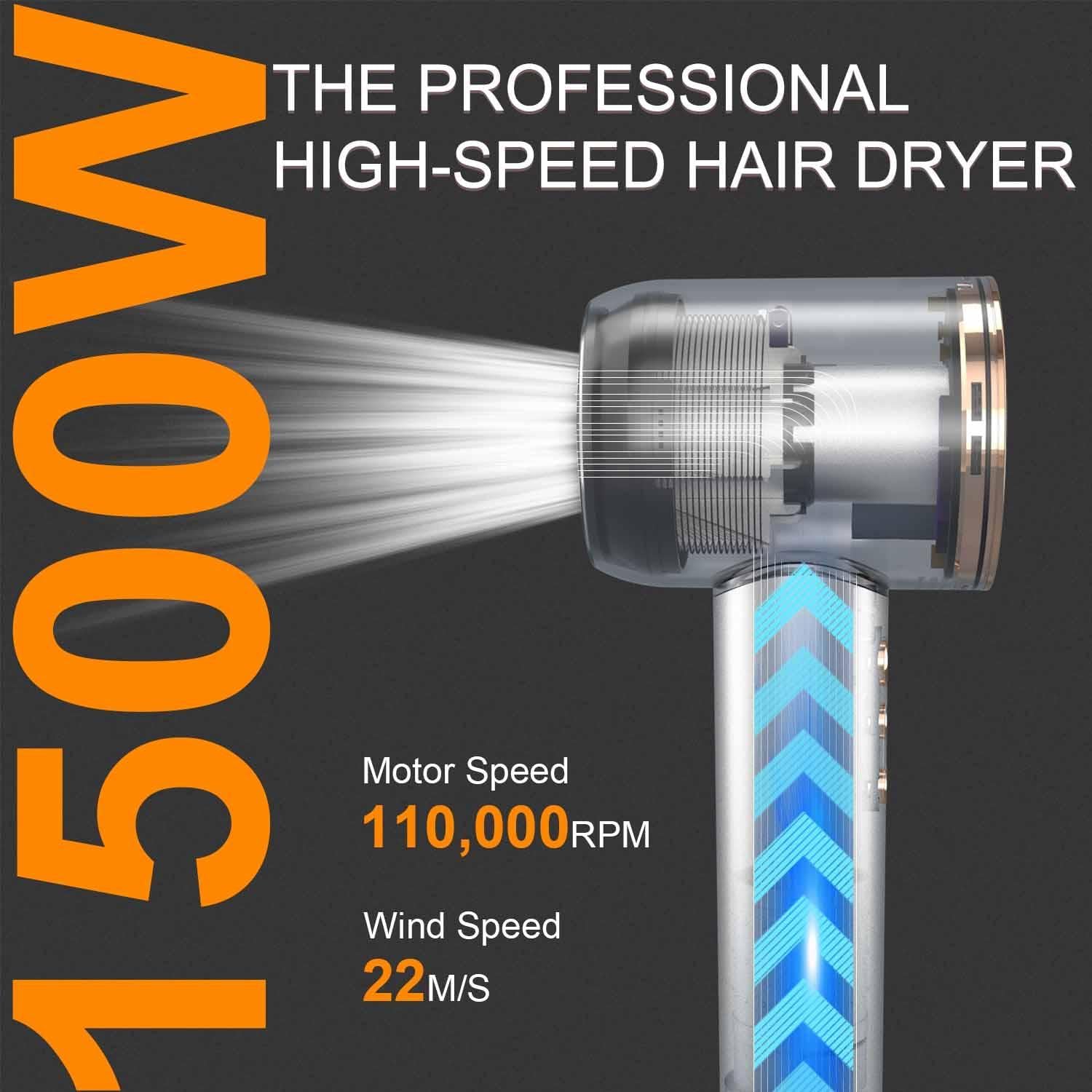 Hair Dryer - 110000 RPM High-Speed Brushless Motor Negative Ionic Blow Dryer for Fast Drying, Low Noise Thermo-Control Hair Dryer with Magnetic Nozzle, Silvery - Image 9