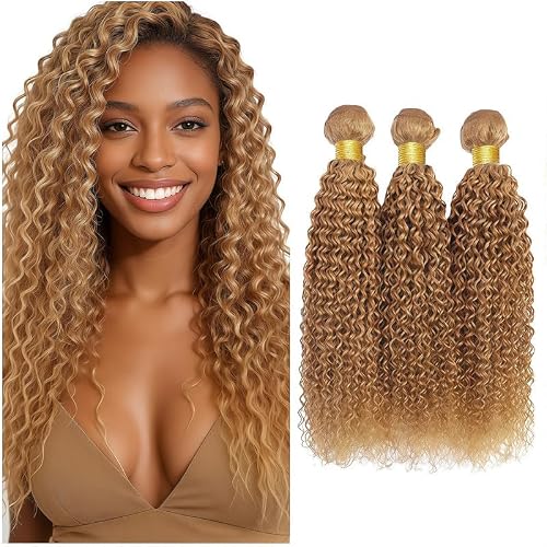 KODRHAR Honey Blonde Bundles Human Hair Jerry Curly Mixed Length 3 Bundles 18 20 22 Inch Double Weft Soft Curly Bundles Human Hair 27 Color