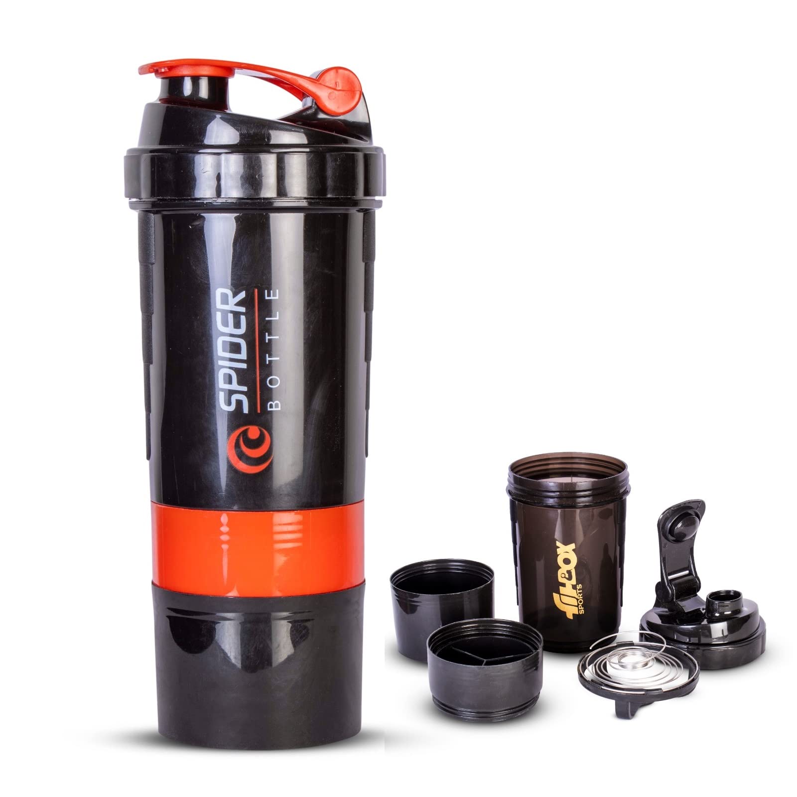 FitBox SportsSpider Shaker Bottle With 2 Removable Compartment for Protein, Pre - Post Workout, Tablets 500ml (Red/Black)