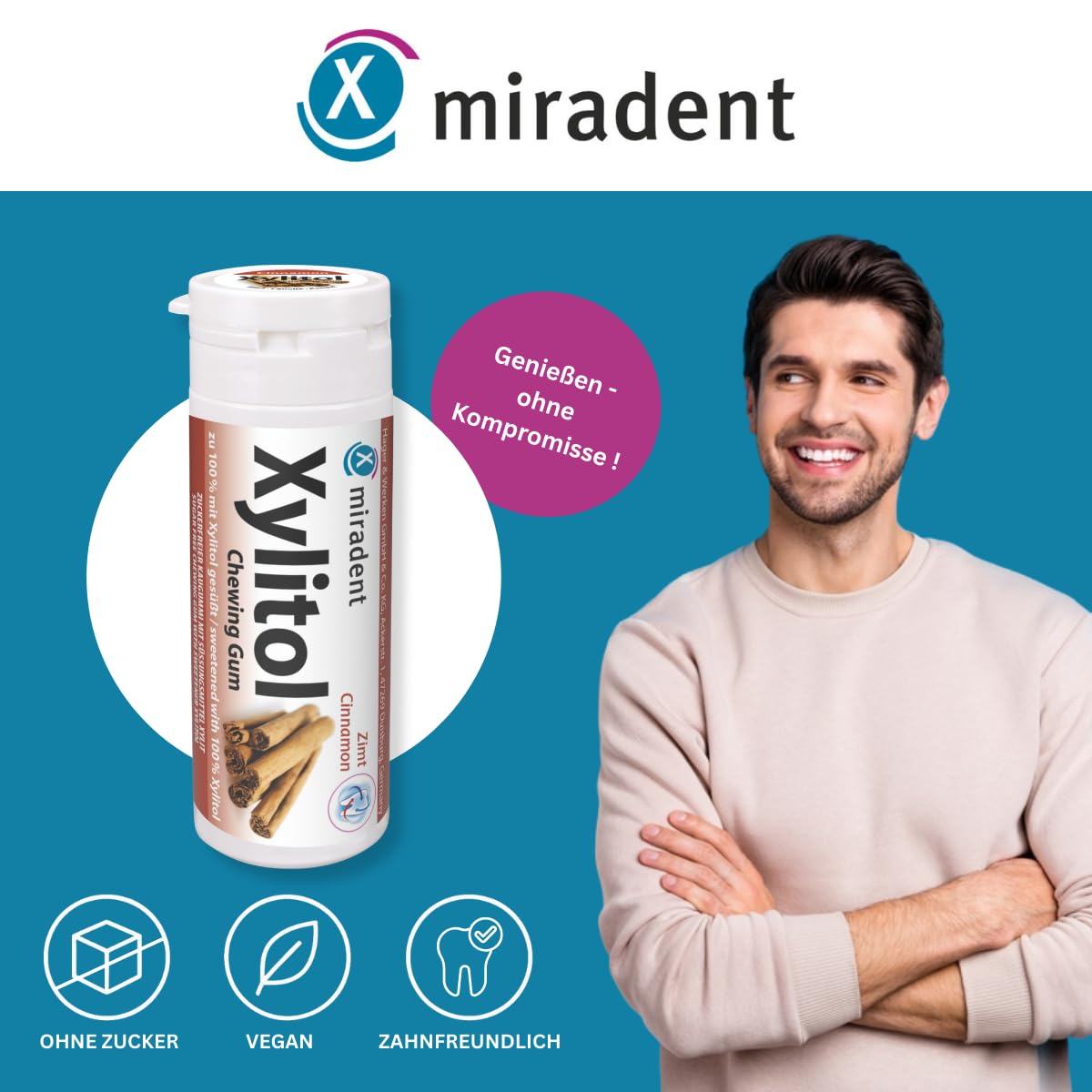 miradent Xylitol Zahnpflegekaugummi Zimt Display 12 St. | würziger Geschmack | zuckerfrei | vegan | kariespräventiv | für unterwegs