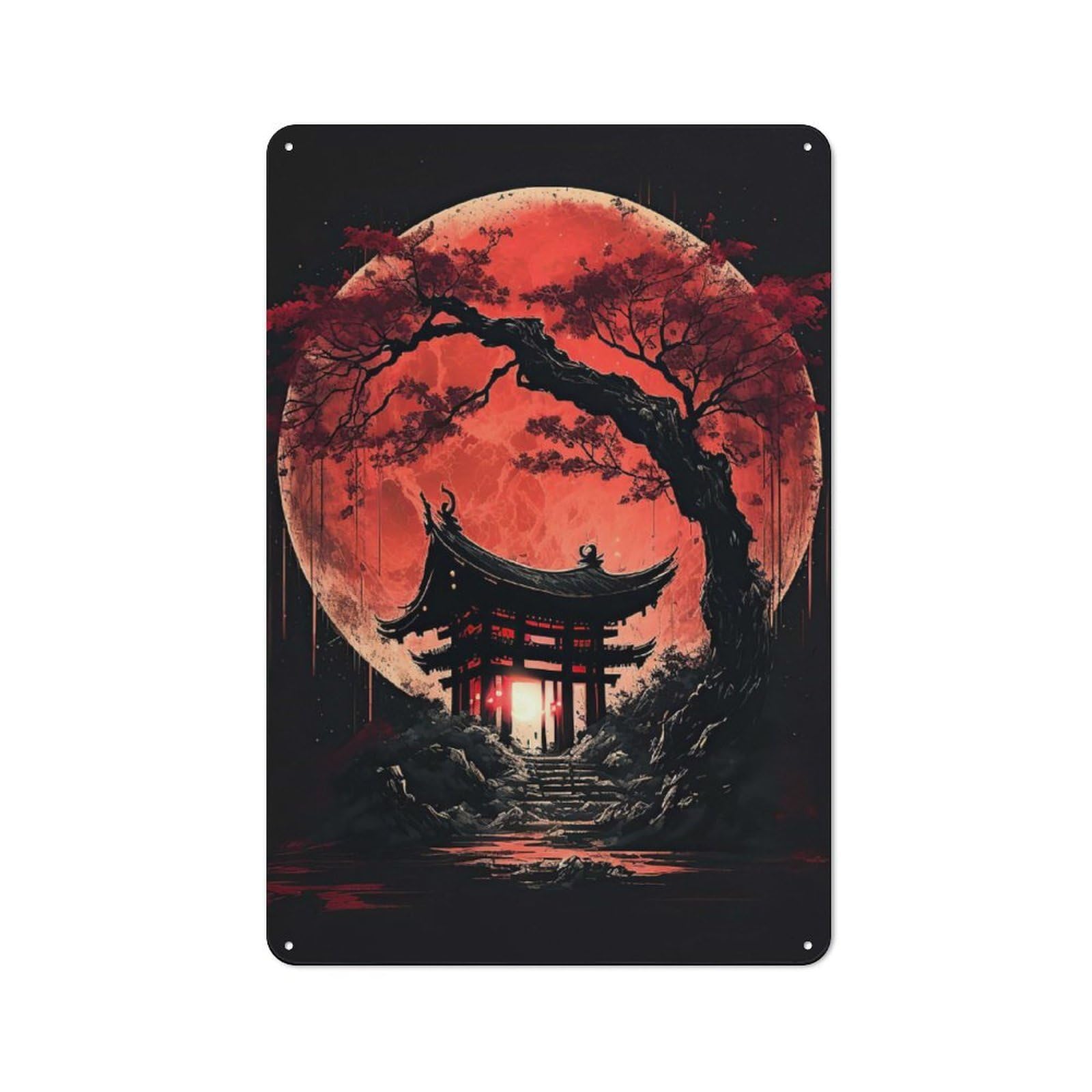 Junmoney Red Moon Japan Rustic Metal Wall Sign 30X20cm Featuring For Pub Or Café, For Vintage Wall Decor Fans, For Metal Sign Collectors